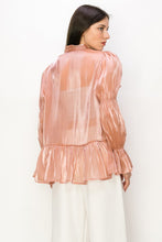 Mauve Shimmer Long Sleeve Neck Ribbon Button Down Top