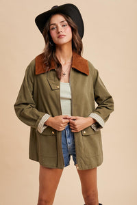 Light Olive Corduroy Collared Cotton Chore Jacket