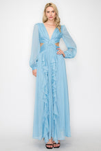 Blue Long Puff Sleeves Shimmer Fabric Side Cut-Out Maxi