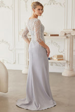 Silver Floor Length Mob Gown With 3/4 Sleeves V Neckline