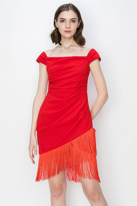 Red Fringe Bateau Neck Stretch Mini Dress