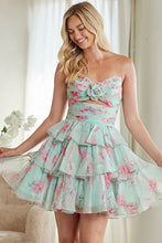 Mint Strapless Rosette Pleat Soft Chiffon Print Dress