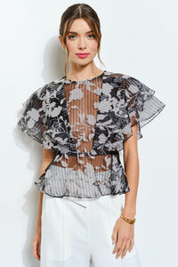 Black Sheer Floral Stripe Print Ruffle Blouse
