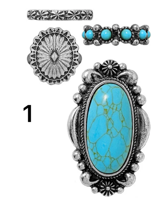 Turquoise Western Concho Anzac Gem Stone Band Cuff Ring Set
