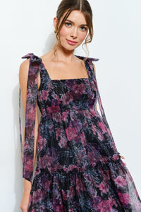 Black Multi Organza Floral Printed Tiered Midi Dress