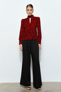 Red/Black Leopard High Neck Long Sleeve Blouse