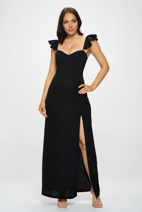 Black Ruffle Strap Dress With Leg Slit