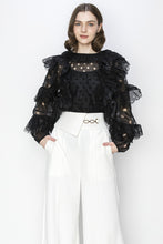 Black Ruffleed Laser-cut Long Sleeves Blouse Top