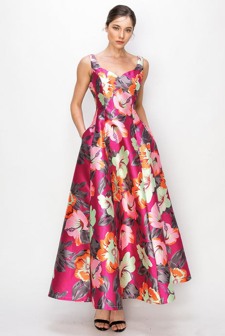 Pink Floral Flower Print Heart Neckline Sleeveless Maxi Skirt