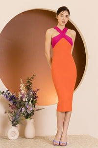 Orange Crossover Neckline Stretch Ribbed Knit Mini Dress