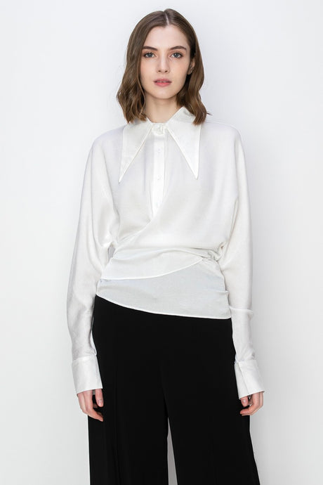 White Satin Wrap Cross Knot Detail Shirt Top