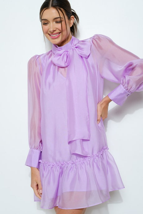 Lavender Pastel Chiffon Sheer Bow-tie Mini Dress