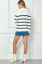 White Stripe Knit Zip-up High Collared V-neck Sweater