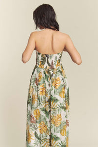 White Combo Leaf Print Smocked Tube Wide Leg Jumpsuit