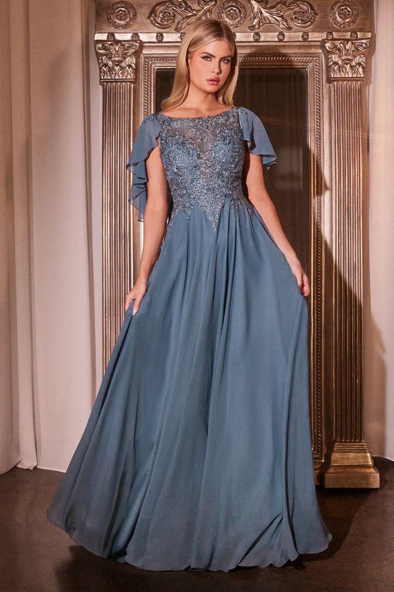 Smoky Blue A-Line Chiffon Gown With Caplet