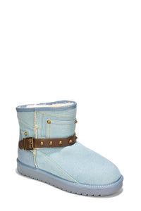 Blue Womens Buckled Platform Fur Ankle Booties