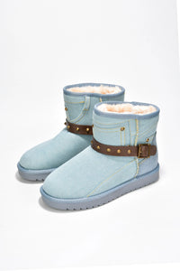Blue Womens Buckled Platform Fur Ankle Booties