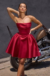 Burgundy Short Strapless Satin Dress
