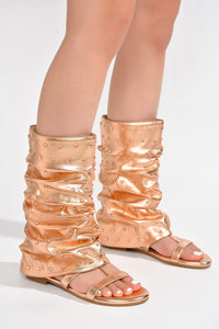 Rose Gold Rhinestone Legging Boots Flat Sandals