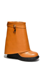Tan Womens Fold Down Wedge Heel Ankle Booties