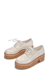 White Womens Lace Up Wooden Platform Loafers Natashaya