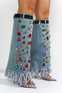 Denim Womens Rhinestone Jeweled Foldover Shaft Sandals