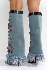 Denim Womens Rhinestone Jeweled Foldover Shaft Sandals