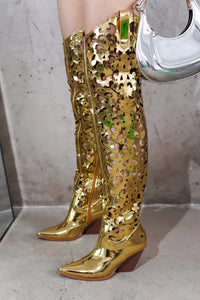 Gold Womens Cutout Chunky Over The Knee Boots