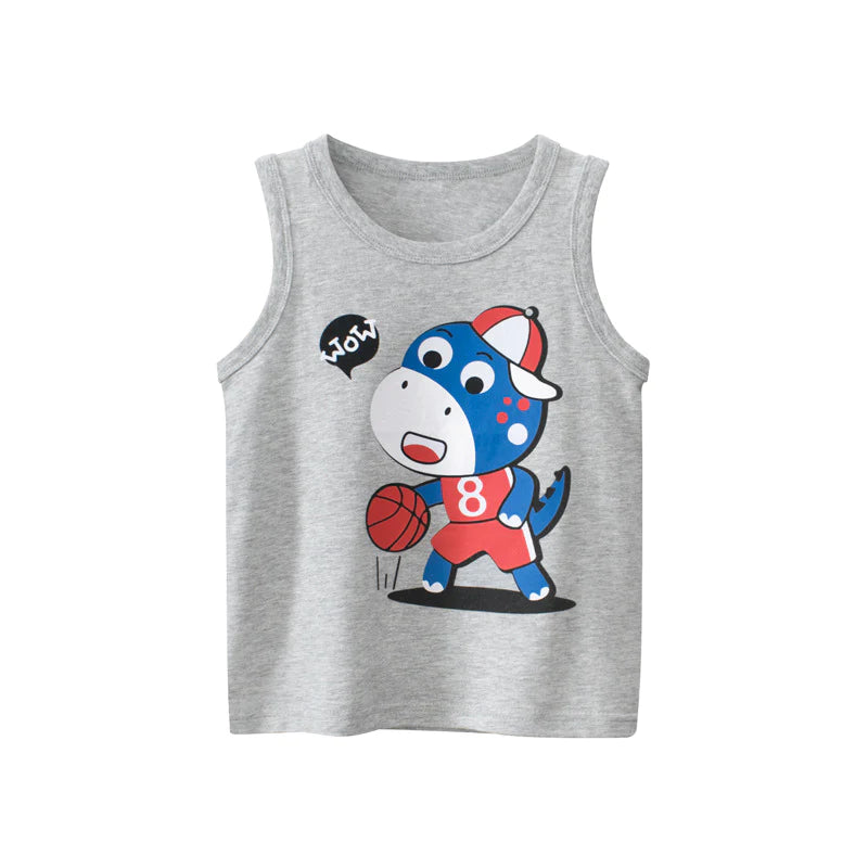 Grey Boy's  Cartoon Print Pattern Sleeveless Crewneck Tops