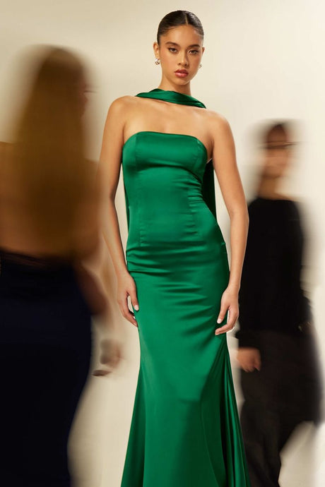 Emerald One-Shoulder Satin Long Evening Gown