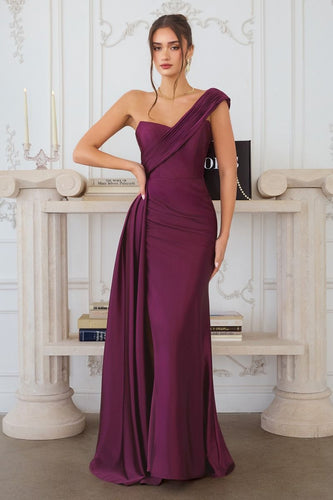 Eggplant Off-Shoulder Satin Evening Gown