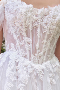 Off White One-Shoulder Lace Embroidered Wedding Dress