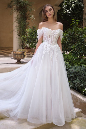 Off White One-Shoulder Lace Embroidered Wedding Dress
