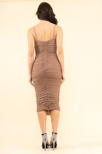 Mocha Solid Mesh Drape Neck Side Cinch Midi Dress