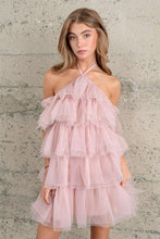 Nude Halter Neck Tulle Ruffle Mini Dress