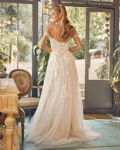 White&Nude Tulle Embroidered V-Neck Lace Slit Wedding Dress