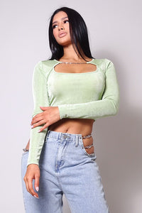 Apple Green Long Sleeve Chain Trim Front Cutout Top