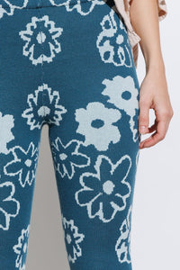 Dark Teal Daisy Print Sweater Knit Pants