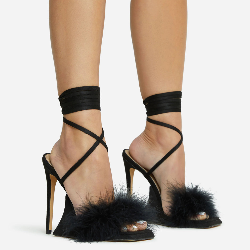 Black Lace Up Fluffy Faux Feather Detail Square Toe Sculptured Platform Stiletto Heel In Faux Leather