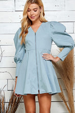 Dusty Blue Zippered Front Cuff Sleeve Mini Dress