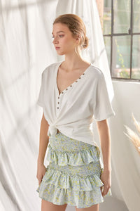 Ivory Slub Knit Jersey Top With Button Up Detail