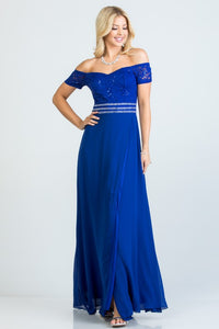 Blue Off Shoulder Waist Embellished Open Side Gown
