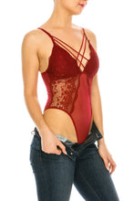 Burgundy Mesh Floral Lace Double Chest Strap Bodysuit