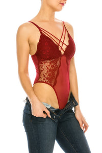 Burgundy Mesh Floral Lace Double Chest Strap Bodysuit