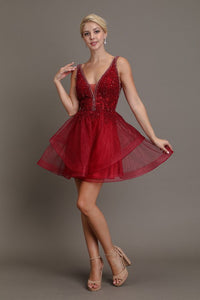Red Wine Shimmery Beaded Mini Flare Dress