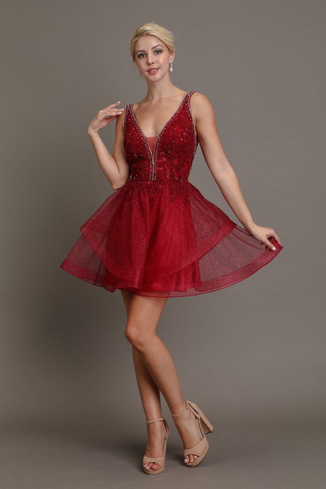 Red Wine Shimmery Beaded Mini Flare Dress
