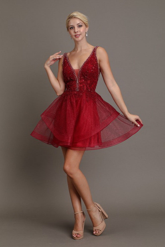 Red Wine Shimmery Beaded Mini Flare Dress