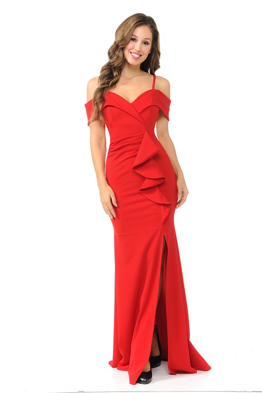 Red Off The Shoulder Ruffled Formal Dress