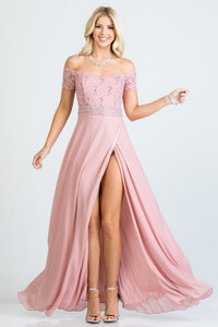 Pink Off Shoulder Waist Embellished Open Side Gown