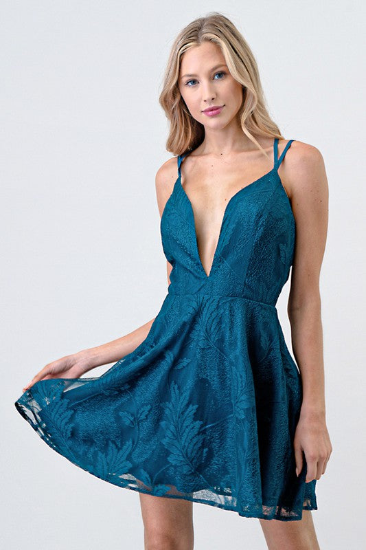 Blue Low Neckline Flare Lace Dress
